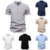 Men's Solid Color Cotton Linen Button Stand Collar Short Sleeve Top Men's Casual Breathable Tops