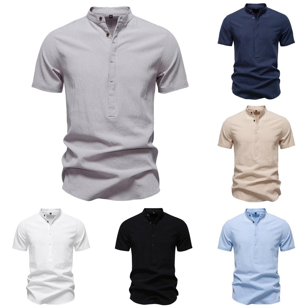 Men's Solid Color Cotton Linen Button Stand Collar Short Sleeve Top Men's Casual Breathable Tops