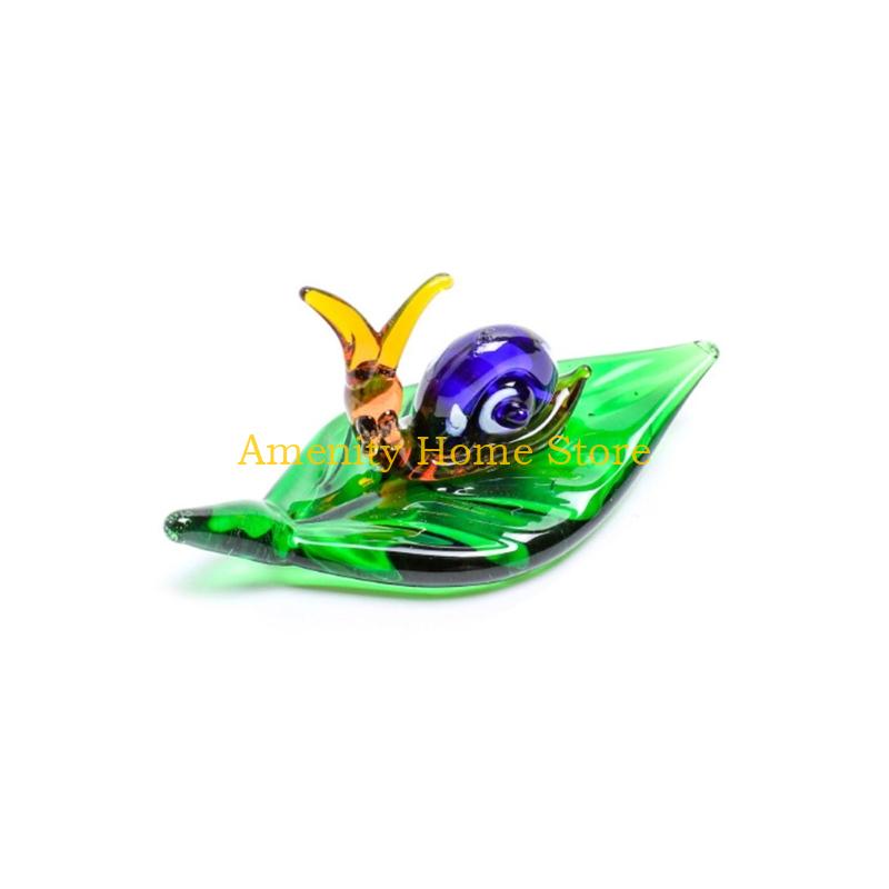 F26C Art Glass Insect Miniature Animals Collection Glass Green Leaf Ladybugs Ants Figurine Tabletop Ornament Home Office Decors