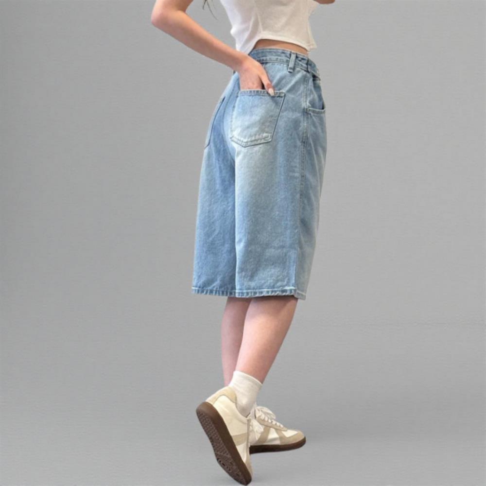 New Arrivals Open Run Women Denim Shorts Button Light Blue Y2k Style Bermuda