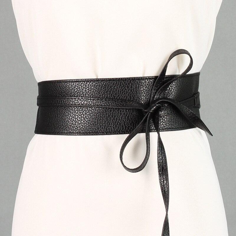 Women Fashion Solid Color Soft Faux Leather Wide Long Belt Self Tie Wrap Around Waist Girdle Dress Belts Bow Waistband