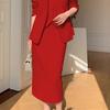 2 Pcs/Set Women Suit Coat Skirt Set Formal Business Style Long Sleeves Open Sticth Coat High Waist Slim Fit A-line Midi Skirt Outfit
