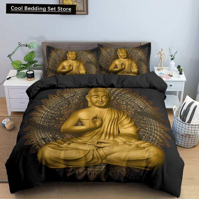 Комплект постельного белья Будда Индийская религия Буддизм Медитация Мандала Пододеяльник Улыбка Будды Цветочный мягкий пододеяльник Queen King Size