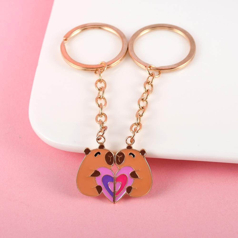 2Pcs/set Cute Kapibala Heart-shaped Stitching Best Friend Bestie Key Chain BFF Friendship Jewelry Gifts for Girls