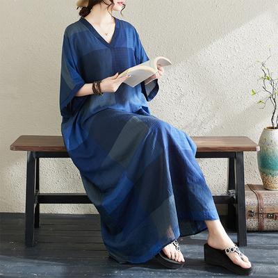 2024 Летнее платье больших размеров, пляжное женское платье с v-образным вырезом и цветочным принтом, праздничное клетчатое повседневное свободное платье макси из мягкого льна в горошек