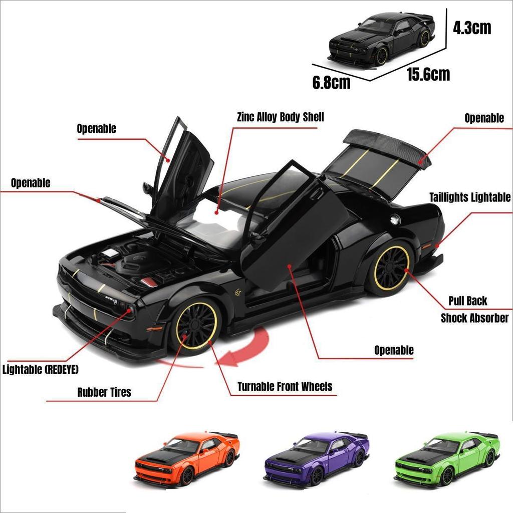 1/32 Игрушечная машина Dodge Challenger SRT Hellcat для детей, Суперспортивная модель, Металлическая машинка, Миниатюра, Звук и Свет, Коллекция, Подарок