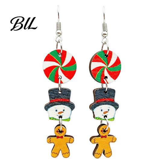 Dangle Drop Earrings 1 Pair Christmas Wooden for Women, Cute Santa Women Seasonal Accessories Gingerbread Candy Cane Earrings, Vintage Holiday Jewelry