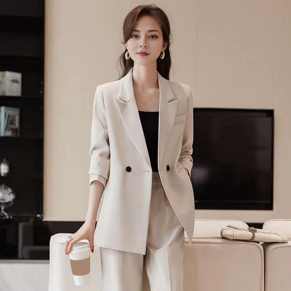 Lady Commuter Suit Elegant Women's Formal Suit Set with Turn-down Collar Jacket Pure Color Trousers Stylish for Commuting