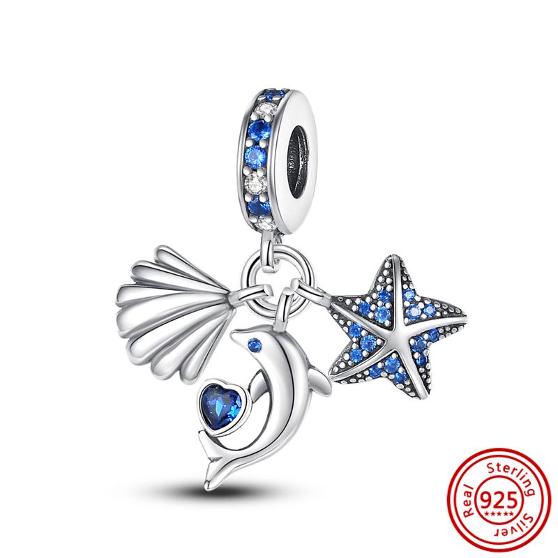 Новинка S925, серебристо-синяя подвеска, висячие морские животные, морская звезда, русалка, рыбья ракушка, подходит для оригинального браслета, бусины, подарок, ювелирные изделия своими руками