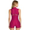 Womens Oil Shiny Bodysuit Swimwear Sheer Mesh Patchwork Mock Neck Sleeveless Back Zipper Boxer Bottom