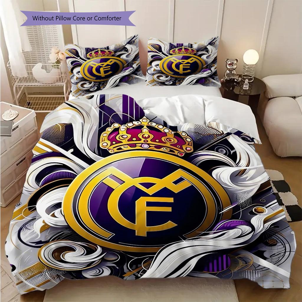 Комплект постельного белья с узором ФК Реал Мадрид Одеяло Покрывало Наволочка Домашний Декор Подарок на День Рождения (1 пододеяльник + 2 наволочки, без наполнителя)