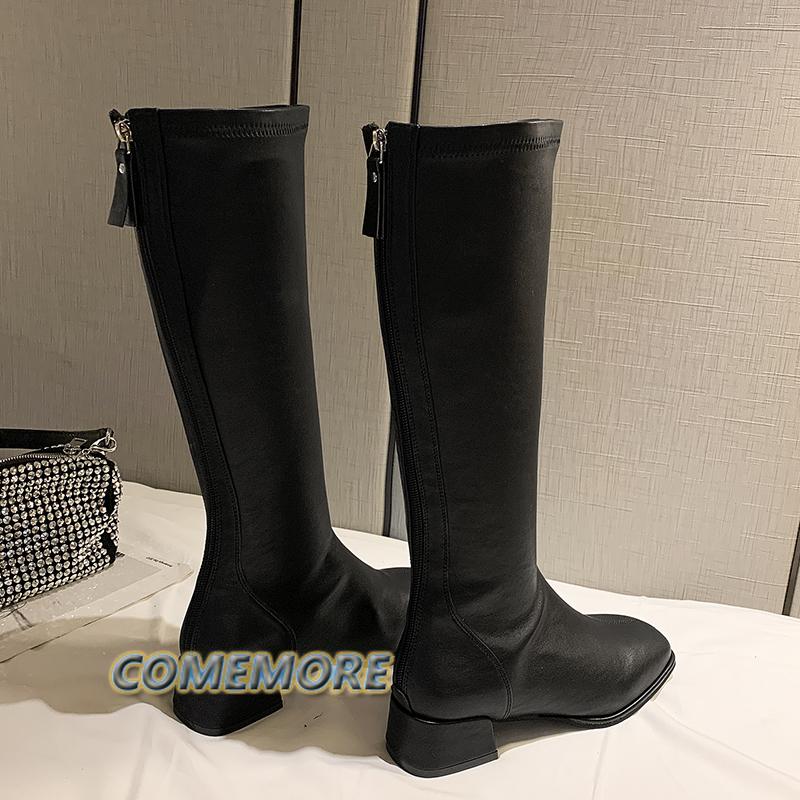 Женские сапоги до колена, женские кожаные рыцарские сапоги, женские на высоком каблуке, белые, осенние, повседневные туфли, модные, с круглым носком, белые, черные