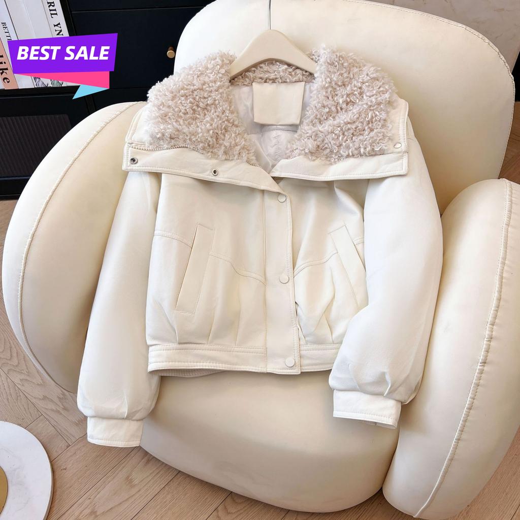 Куртка из овечьей шерсти из ПУ кожи однотонная корейская версия пуховика из хлопка толстая свободная хлопковая куртка