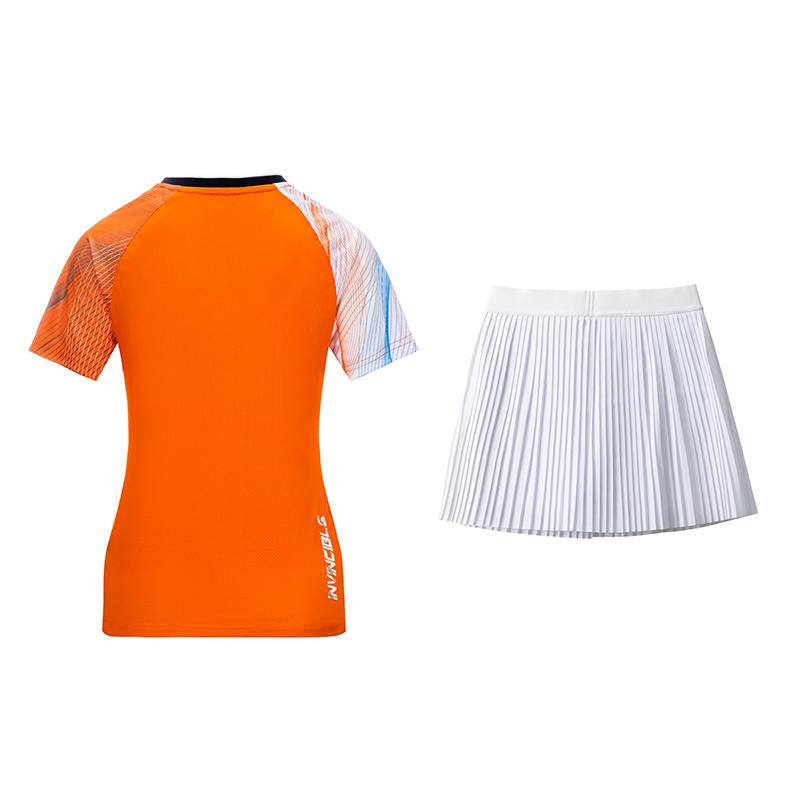 Mizuno Круглый вырез с принтом, короткий рукав, футболка, однотонная плиссированная юбка, комплект, женские комплекты, оранжевый, белый 72CG45P151