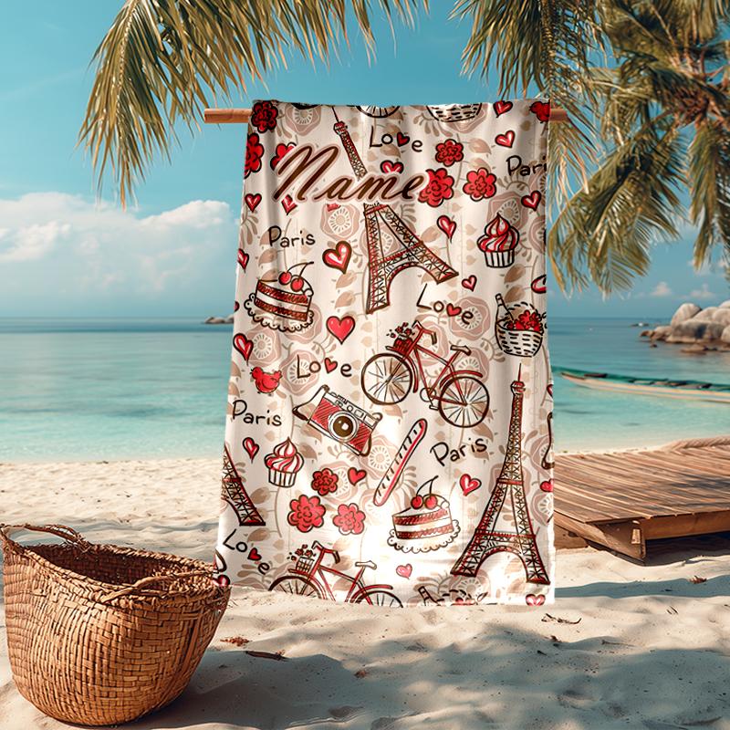 Custom Name Ultra-Soft Beach Towel with Paris the Eiffel Tower Theme,Ideal for Pool - Camping, Diving - Perfect Travel Essential, Vibrant Beach Towel.