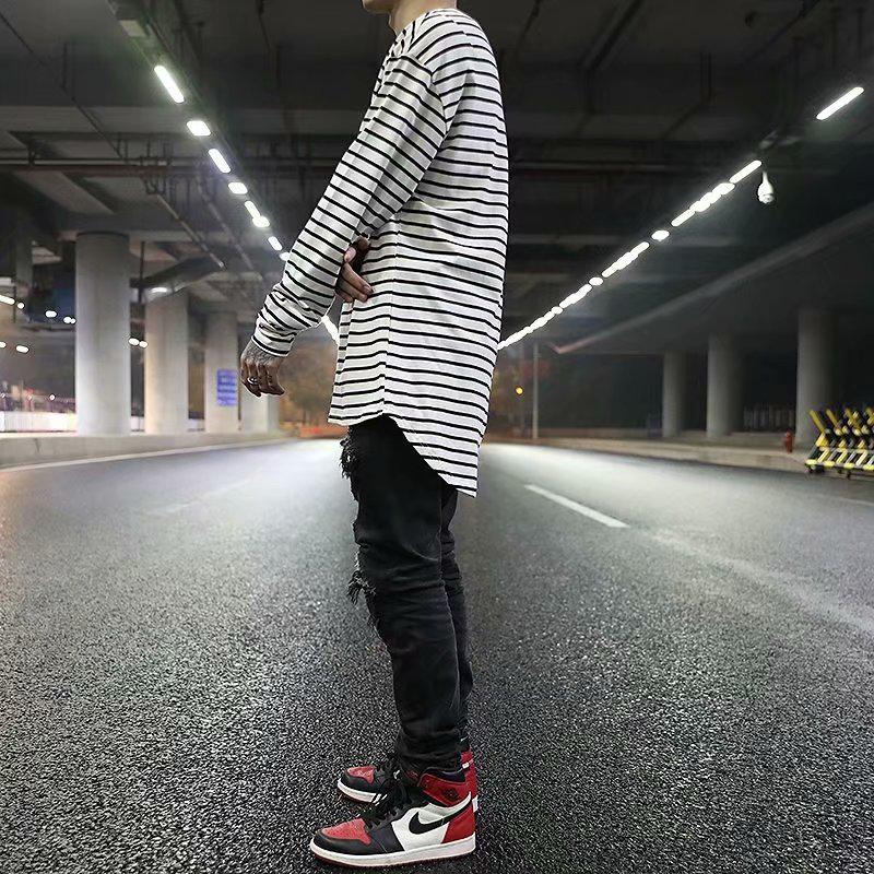 Мужская хип-хоп футболка с длинным рукавом, коротким передом и длинной спиной, черно-белые полосы
