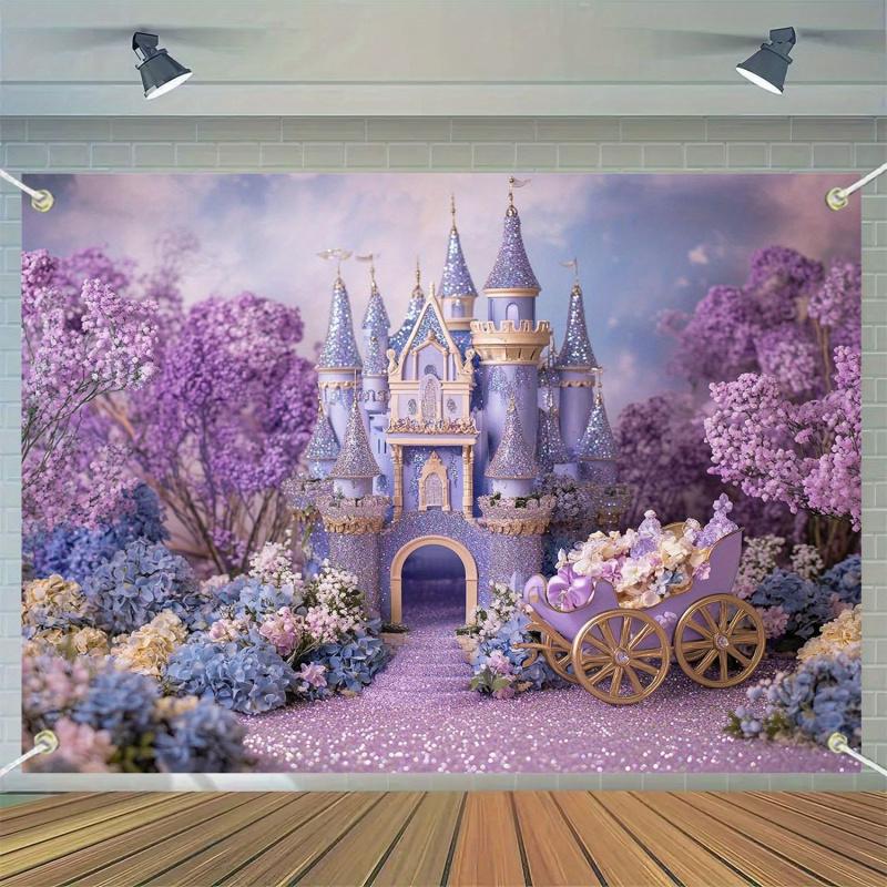 1pc, 2D flat, Purple Princess Castle Party Backdrop - Polyester Banner, suitable for birthdays, Valentine's Day, etc., wsj