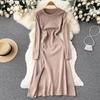 RUGOD European and American Niche Long-sleeved Dress Commuter Fashion Knitted High Waist A-type Slit Pleated Simple Women