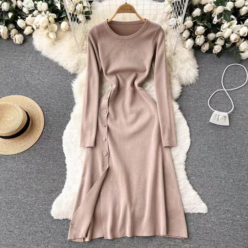 RUGOD European and American Niche Long-sleeved Dress Commuter Fashion Knitted High Waist A-type Slit Pleated Simple Women