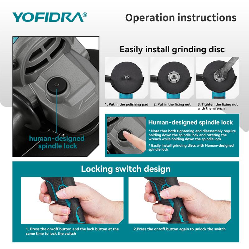 YOFIDRA 125mm Brushless Angle Grinder 20000RPM Cordless Grinding Machine Cutting Woodworking Power Tool For Makita Battery Pin