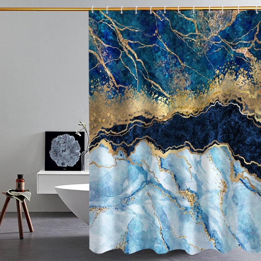 Темно-синяя и золотая мраморная шторка для душа Современная роскошная абстрактная шторка для душа для ванной комнаты с крючками Полиэстер Водонепроницаемая