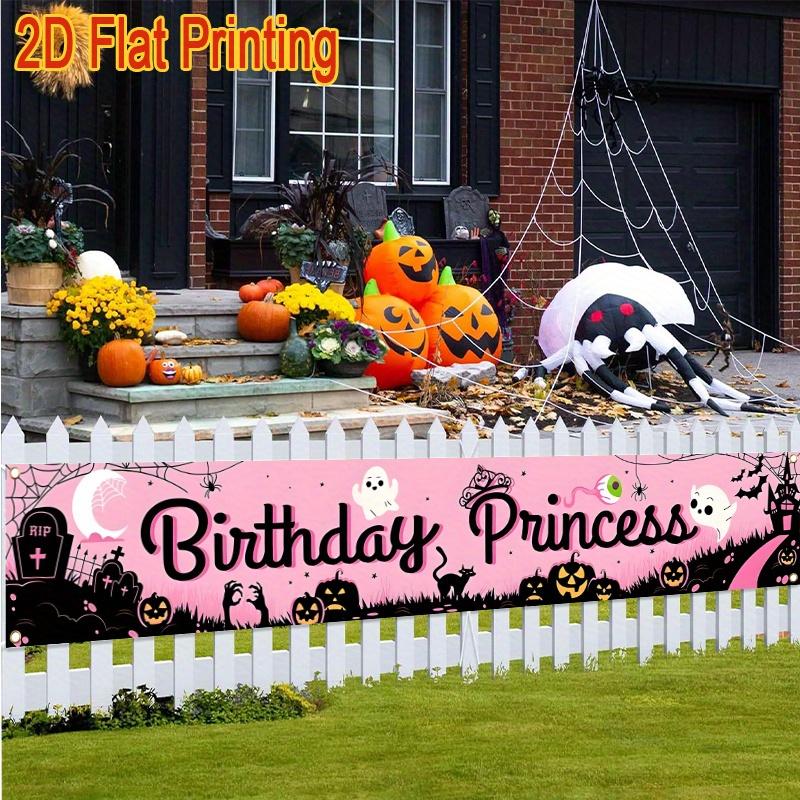 Halloween Birthday Princess Banner, Jack-O'-Lanterns Bats & Haunted House Design, Polyester Outdoor Indoor Garden Porch Fence Decoration