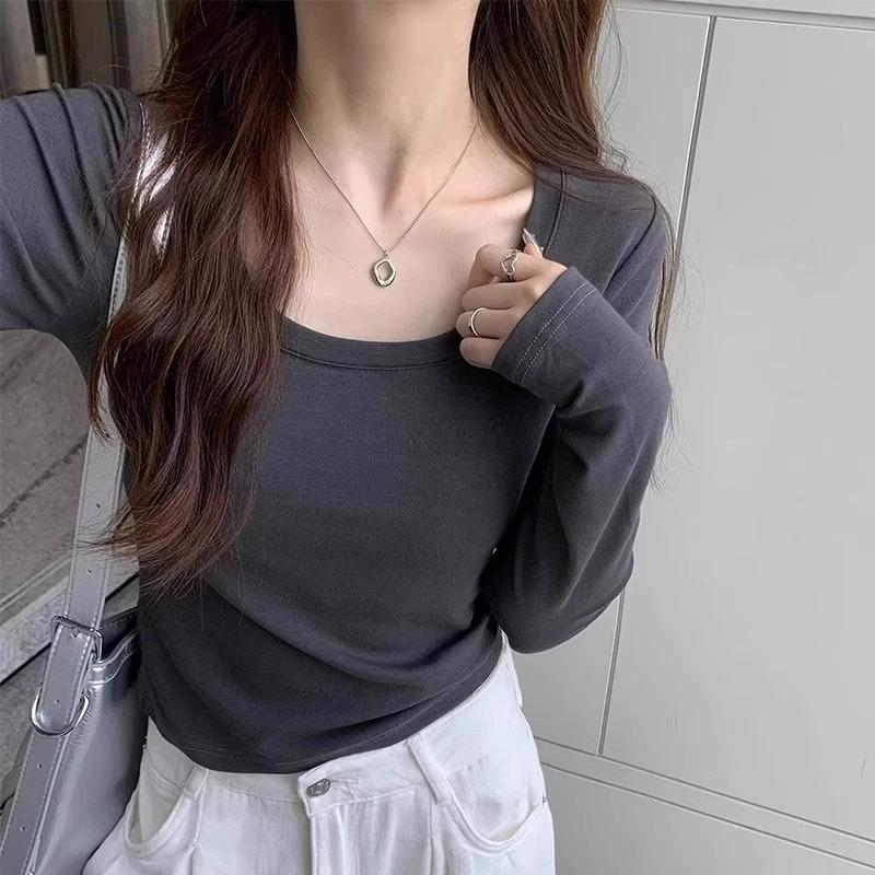 Small Short Sweet and Spicy Style U-neck Slim and Thin Long-sleeved T-shirt Women's Autumn Solid Color Versatile Bottoming Top