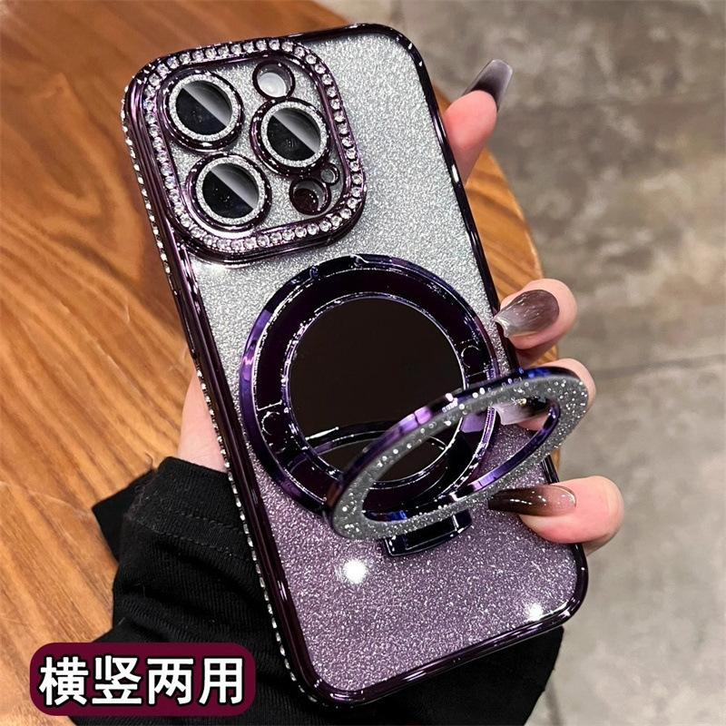 Glitter Gradient Phone Case with Rhinestone Camera Frame & Makeup Mirror Ring Holder for iPhone