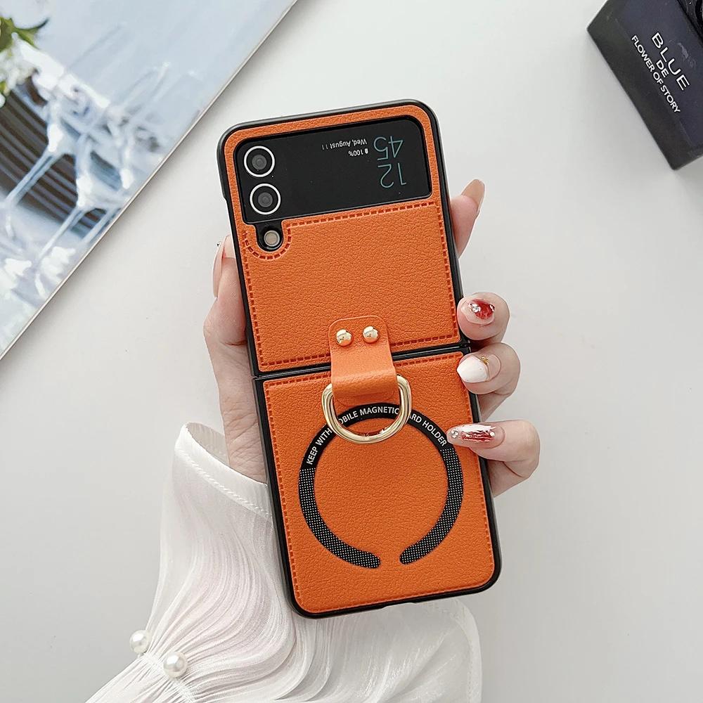 Чехол для телефона из ПУ кожи для Samsung Galaxy Z Flip 7 FE 6 5 4 3 Чехол с держателем-кольцом для Magsafe Магнитная беспроводная зарядка Flip6