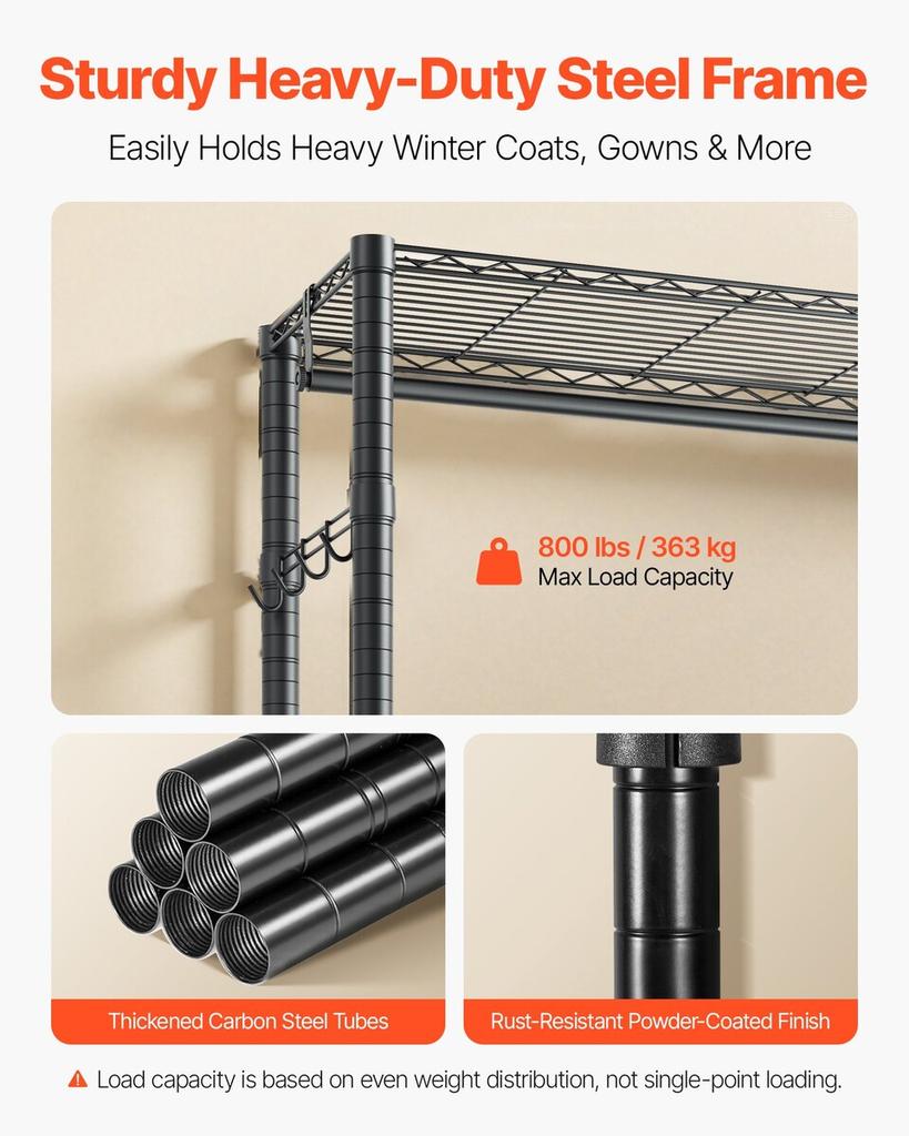 Clothing Garment Rack, Heavy Duty Clothes Rack, Freestanding Clothes Racks with Steel Frame, 363 kg Load Capacity Closet Wardrobe with Storage Shelves