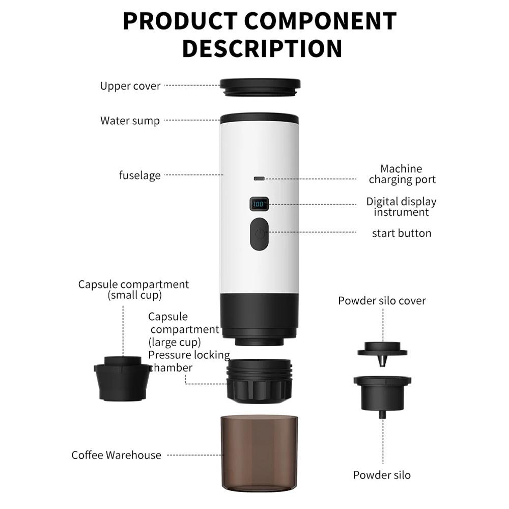 3-in-1Wireless Electric Portable Espresso Coffee Machine for Car and Family Camping Coffee Machine Capsule Powder Travel