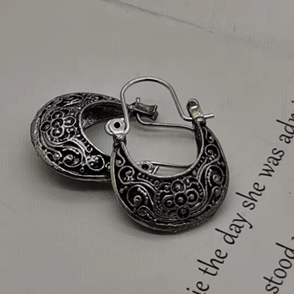 Jinchen Ретро Серебряные Круглые Серьги с Резьбой в Виде Луны для Женщин - Популярный Европейский и Американский Дизайн