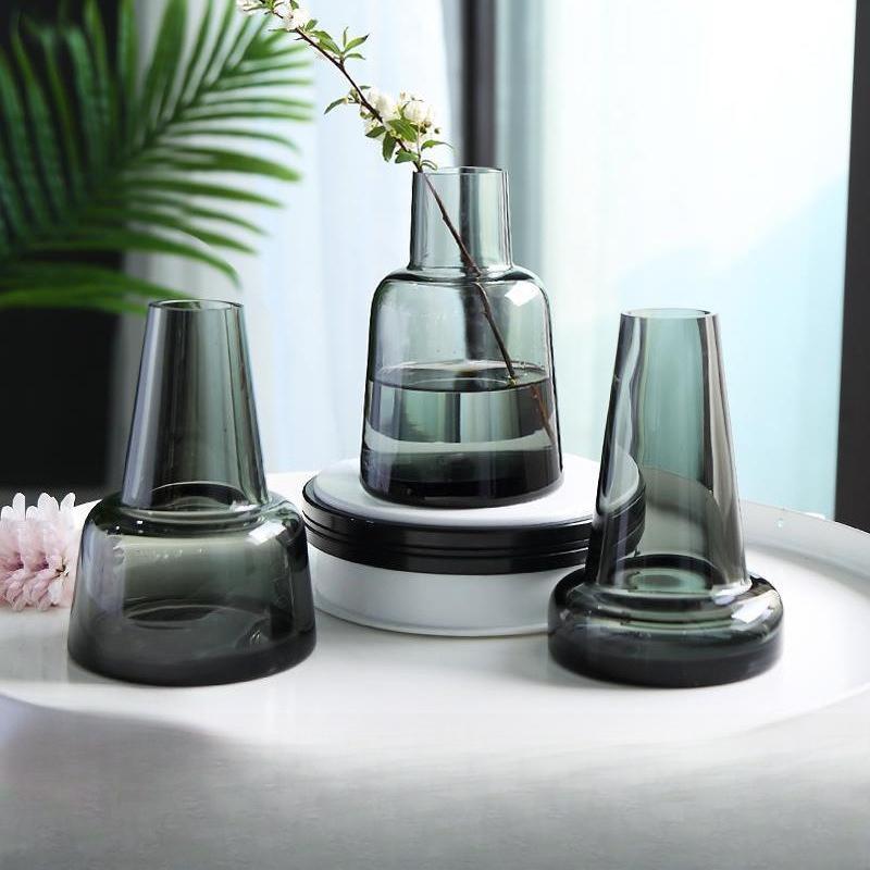 European Style Grey Glass Vase for Office Desk Dry Flower Hydroponic Home Decor Handmade