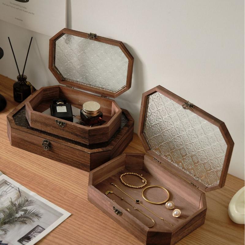 Wooden Jewellery Box Glass Flip Cover Necklaces Storage Boxes Bracelet Ring Organizer Box Large Capacity Storage Casket Jewelry