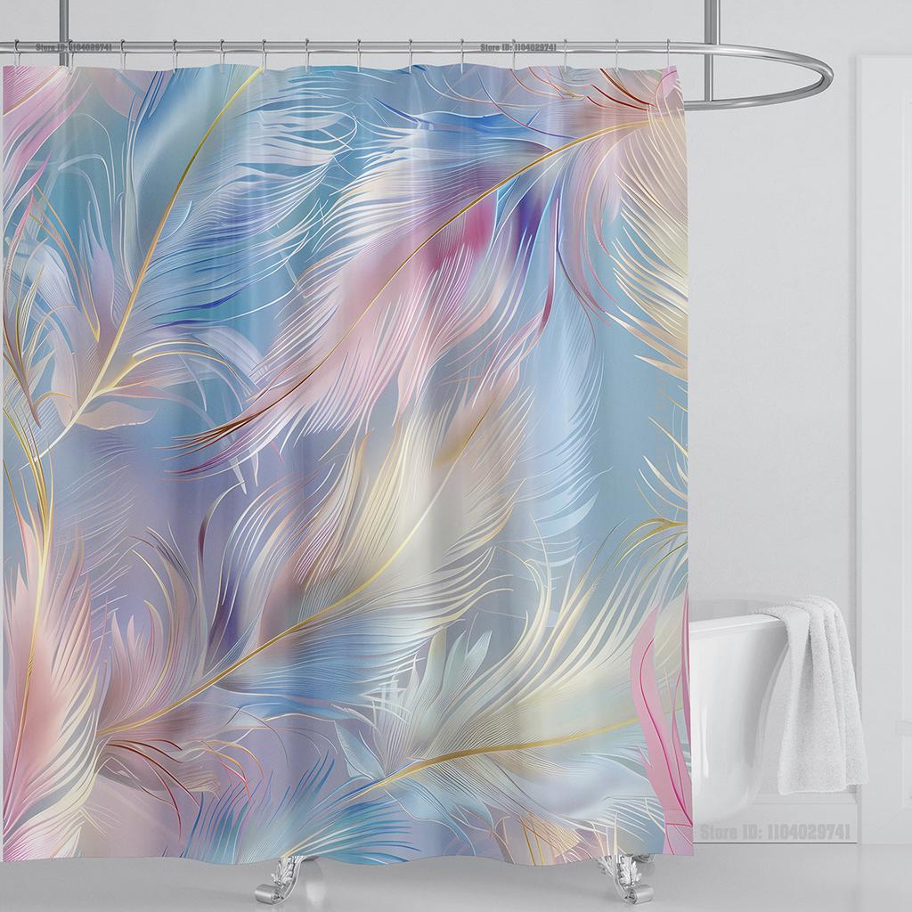 3D Feather Shower Curtain Set Colorful Printed Design Fabric Bathroom Decoration Waterproof Washable Shower Curtain with Hooks