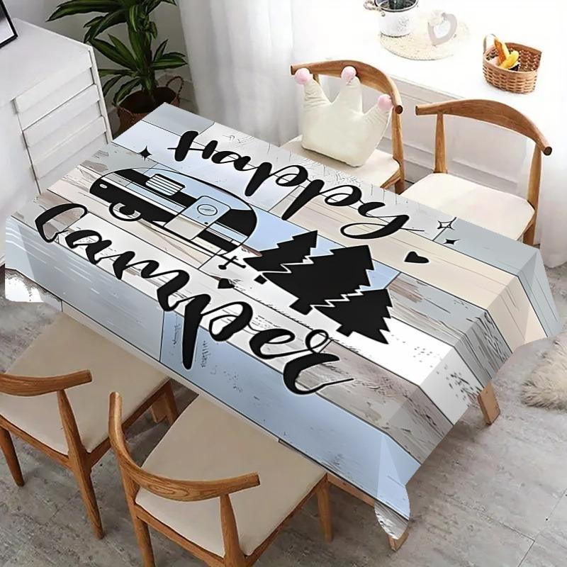 Happy Camper Retro Camping Tablecloth Vintage Camper Van & Hearts Wood Design Durable Table Cover for Indoor Outdoor Use