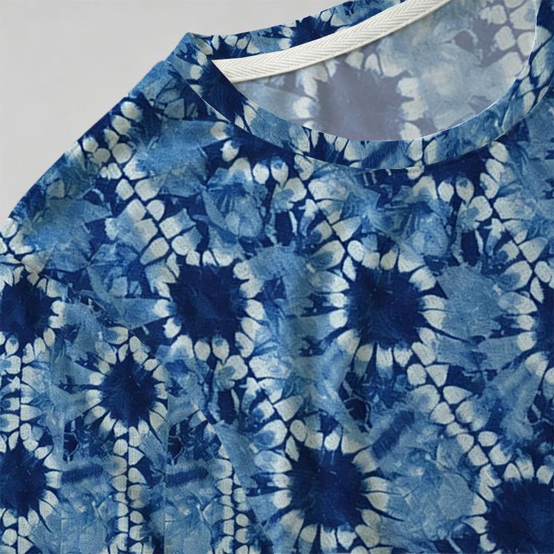 Women's Crewneck Short Sleeve T-Shirt Blue & White Tie Dye, Soft Cotton Comfy Top, Versatile for Daily Wear, Shopping, Casual Outings