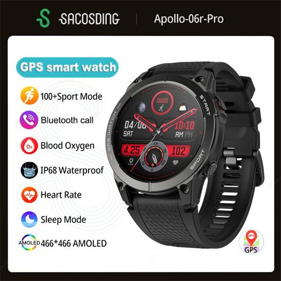 SACOSDING Apollo-06r Pro GPS Smart Watch Ultra HD 466*466 AMOLED Display Built-in GPS HD Bluetooth Call Sports Swim Waterproof Smartwatch