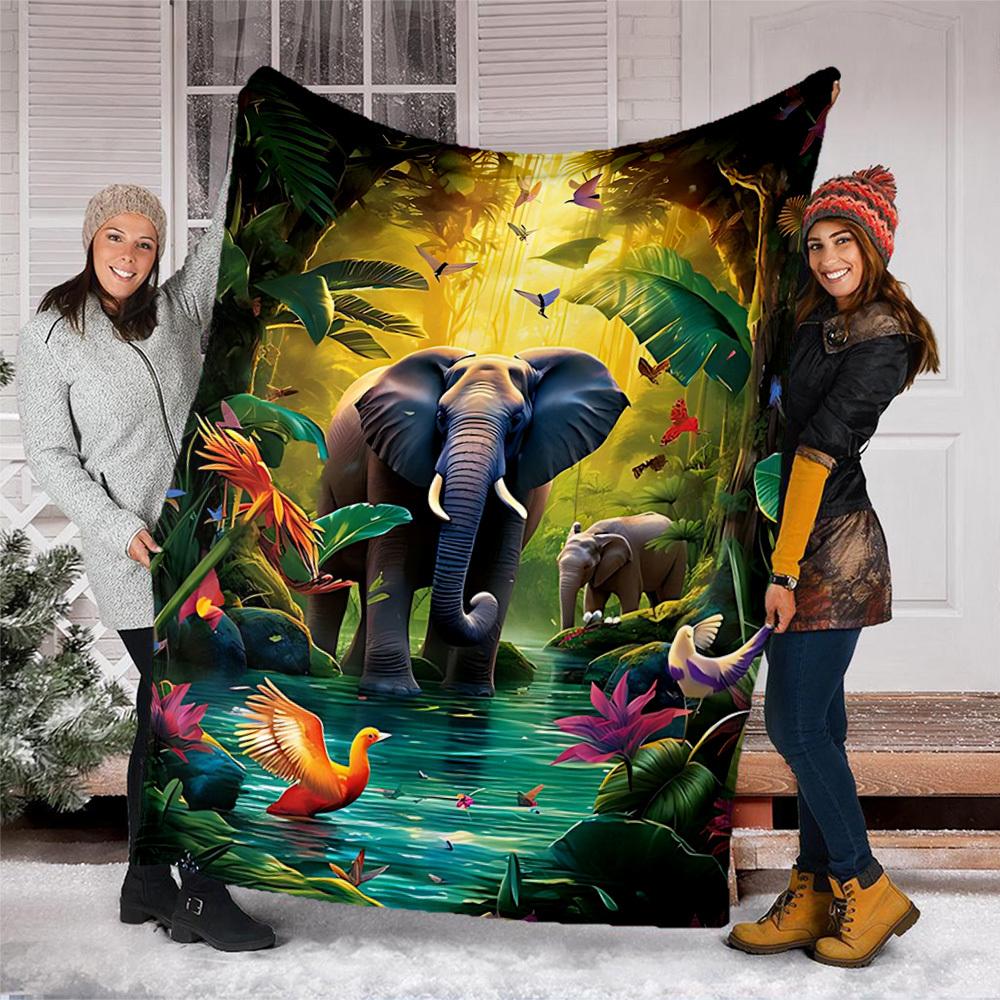 1pc Jungle Elephant Print Outdoor Blanket, Lightweight Polyester,