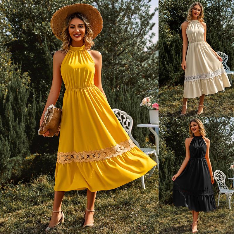 Летнее милое свободное однотонное длинное платье А-силуэта повседневное элегантное женское платье модное платье без рукавов с лямкой через шею в стиле пэчворк с кружевом 25305