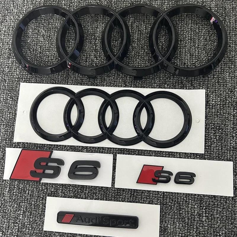New 4Ring logo ABS Black For AUDI S6 2020-2023 Car Hood Front Grill Emblem Rear Trunk Badge Sticker 2P S6 1P Audi Sport