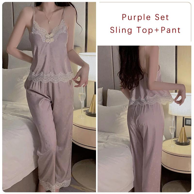 Сексуальный комплект пижамы для женщин, Новая кружевная пижама с чашечками и бретелями, Кружевные топы, Брюки и Комплекты пижамных накидок для женщин