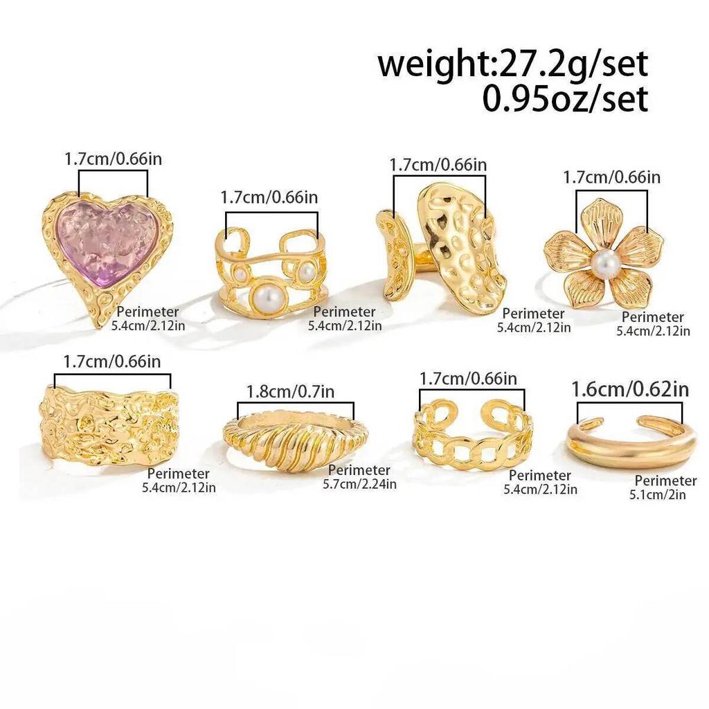 Ingemark 8Pcs/Set Exquisite Luxury Imitation Pearl Open Rings Women Pink Acrylic Rhinestone Heart Ring Couple Jewelry Gifts New