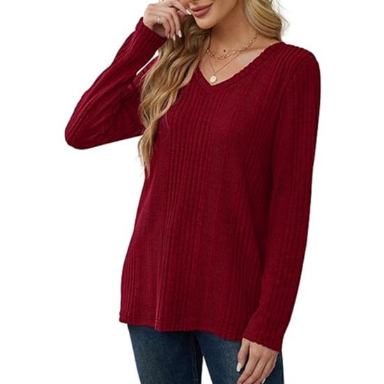 Женская туника-свитер с V-образным вырезом и длинным рукавом, однотонная, ребристая, повседневная, облегающая, трикотажная