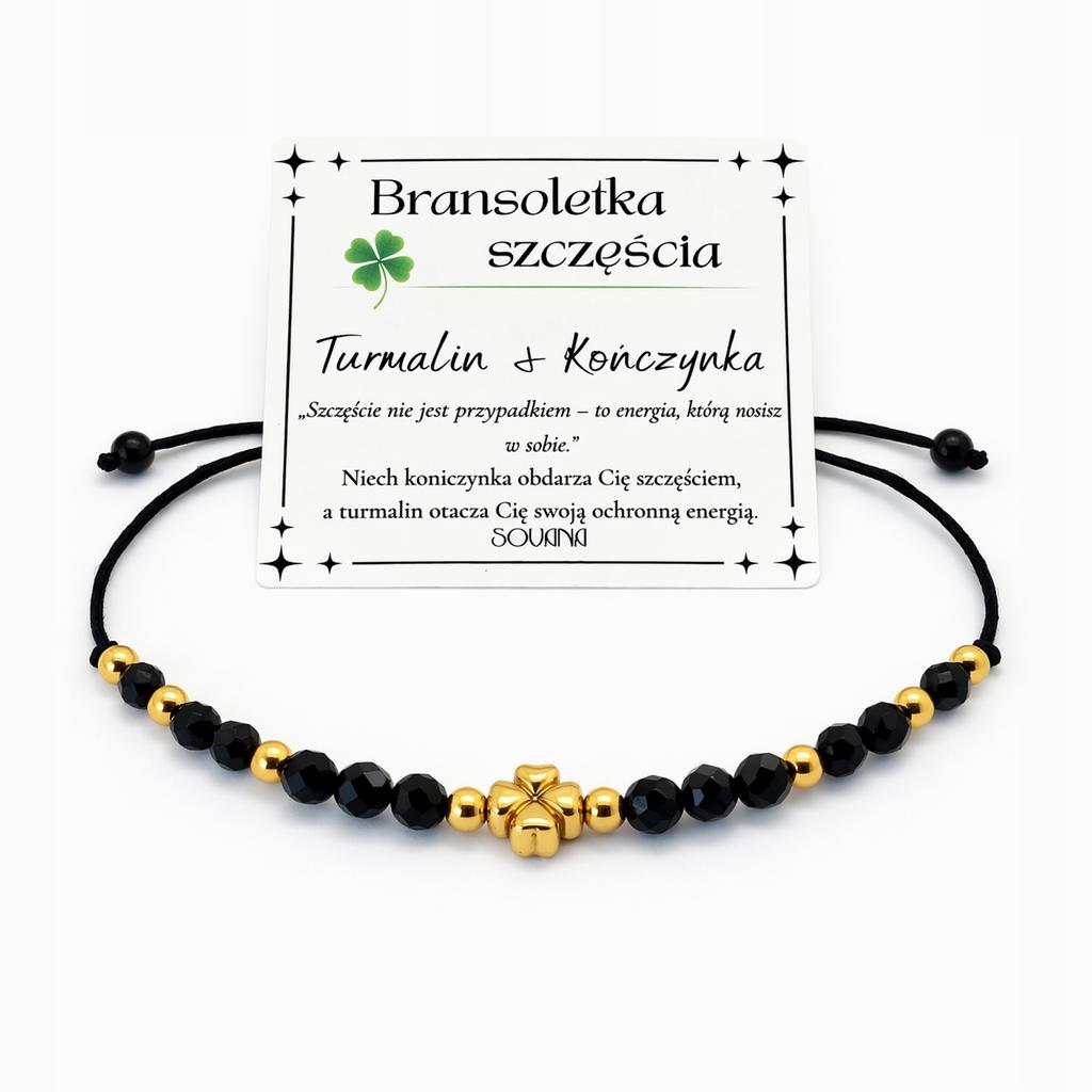 Lucky bracelet, protective, black tourmaline, clover, adjustable