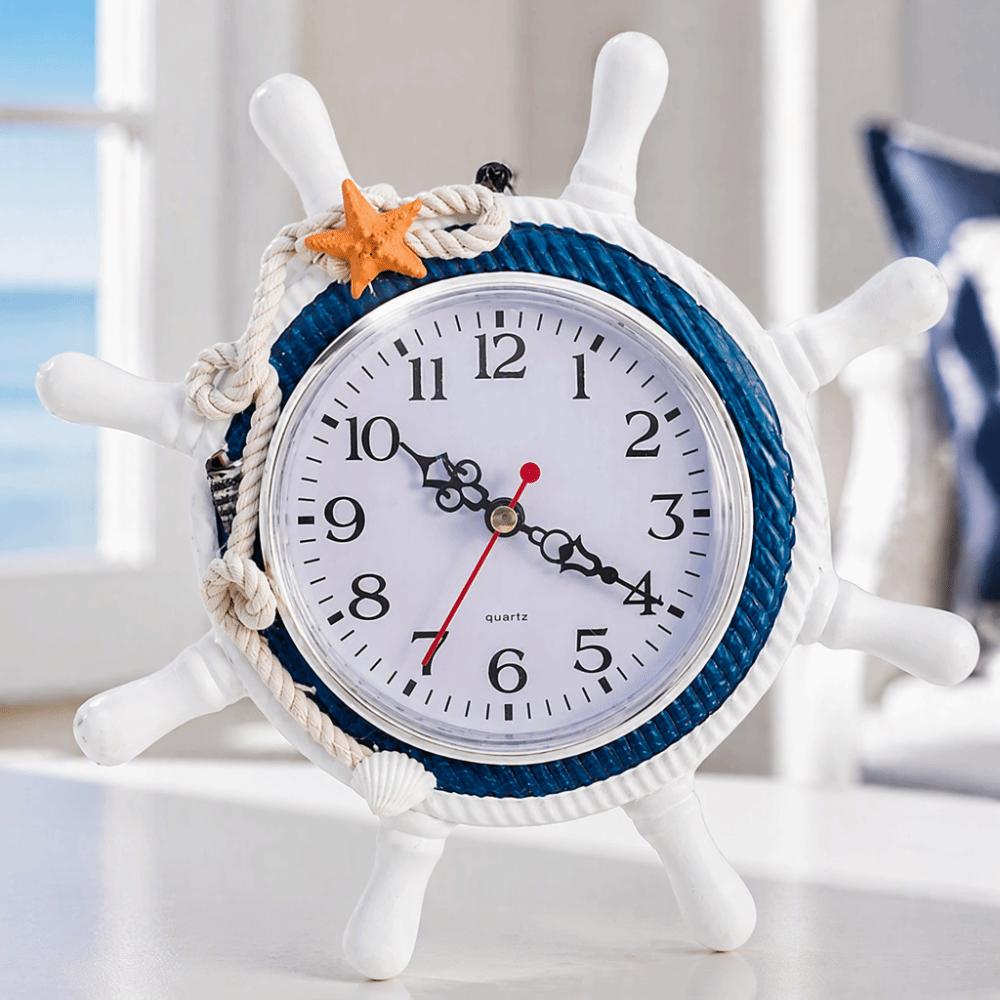 8.46in Steering Wheel Clock Blue Sailing Ship Clock Mediterranean Wooden Wall Clock Party Favors