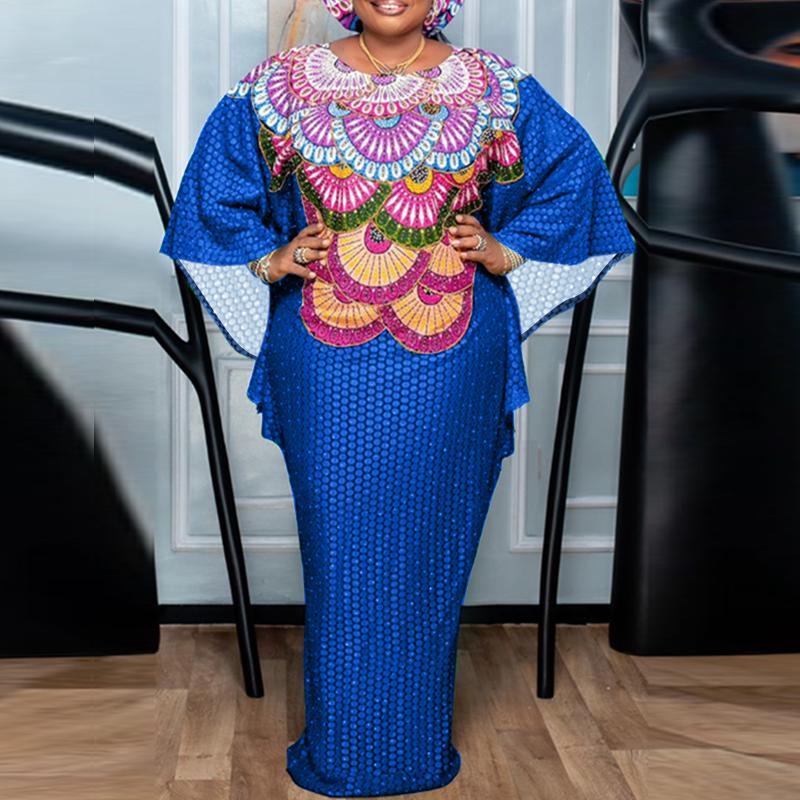 Женские платья большого размера с круглым вырезом и длинным рукавом с принтом