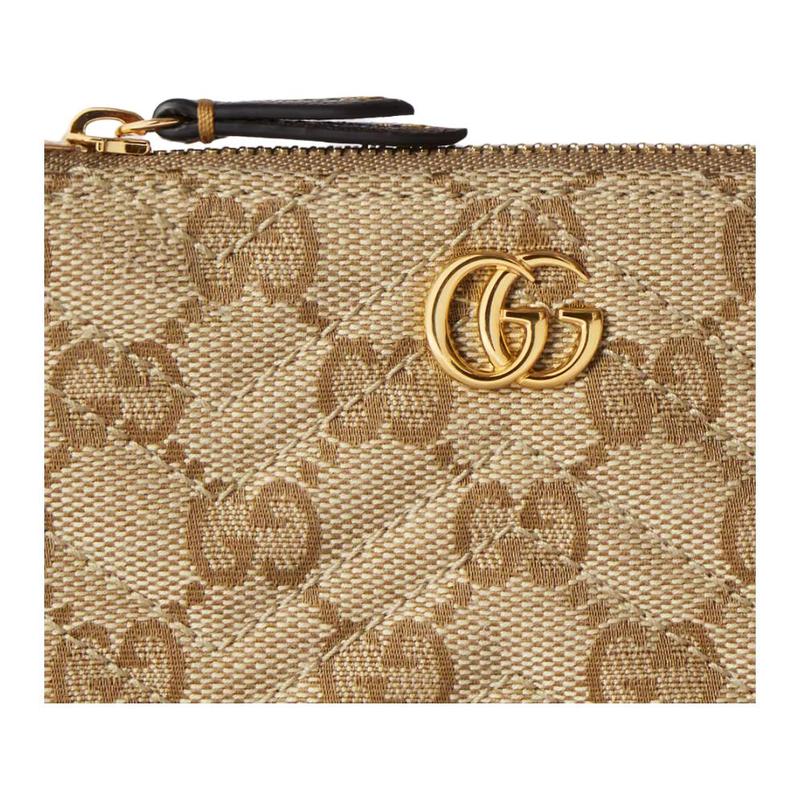 Gucci GG Marmont Generation retro style gold hardware zipper closure GG canvas key bag women's sand color with dark brown