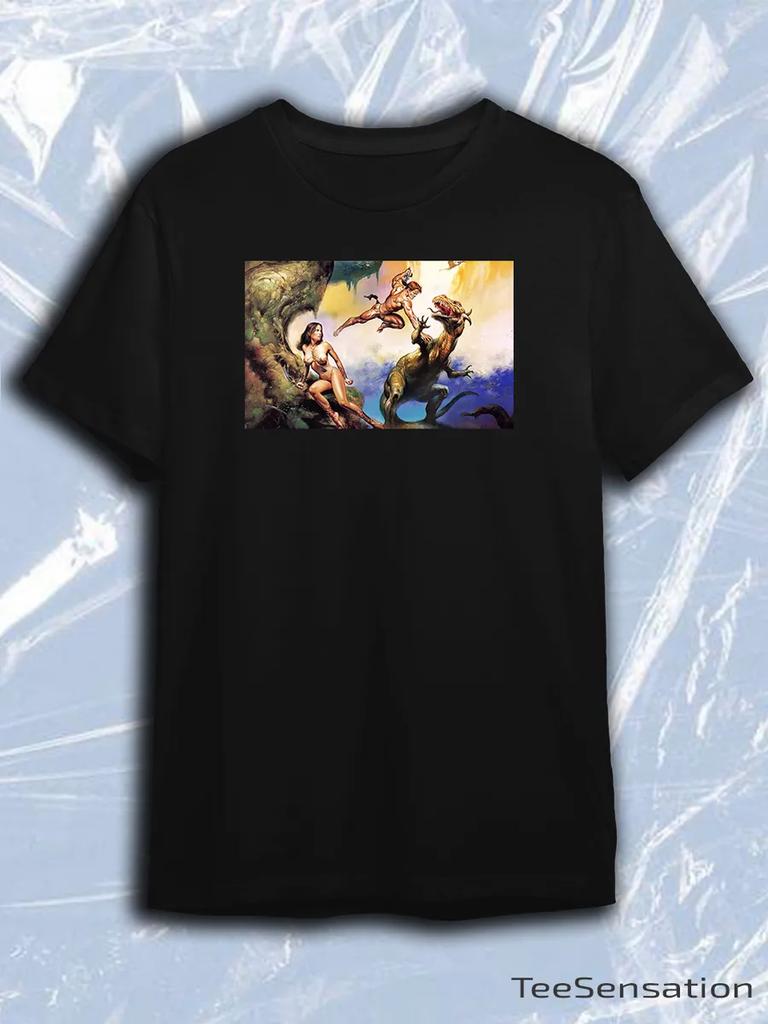 TeeSensation Black Crew Neck Short Sleeve T-Shirt with Boris Vallejo Caveman Fighting Dinosaur Fantasy Painting Print