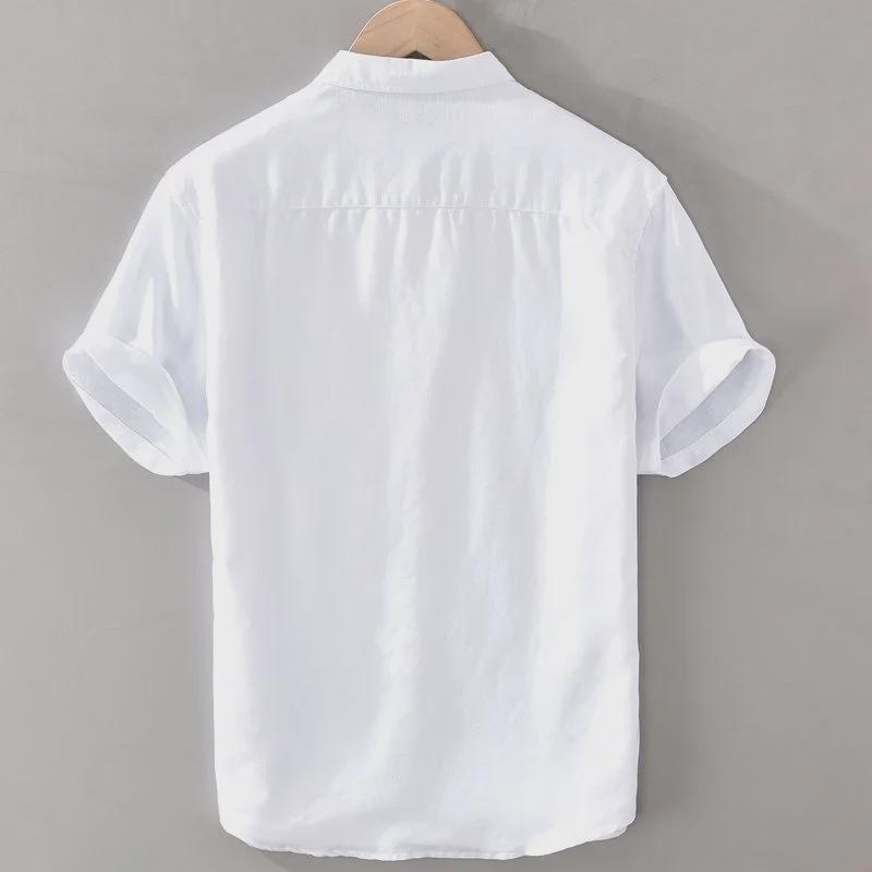 Мужская льняная рубашка темно-синего цвета с короткими рукавами — воротник-стойка, свободный крой, дышащая, универсальная, в японском ретро-стиле, повседневная.